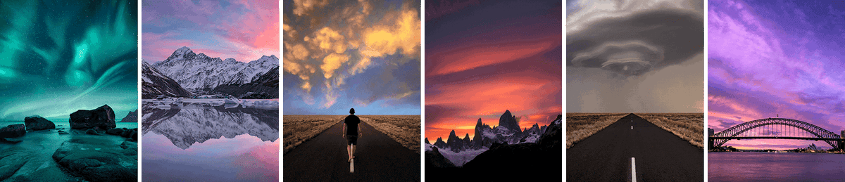 Six complete examples of Clouds, Colors, Storms, Reflections, and Stars photography