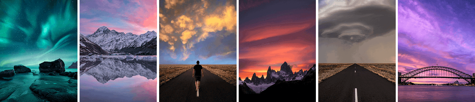 Six dramatic sky photographs representing the editing walkthroughs